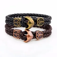 Pulsera de hombre de la roca Anillo de la vendimia Pulsera de cuero de la capa doble