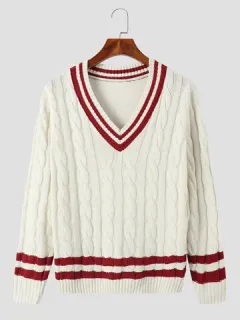 Striped Cable Knit V-Neck Sweaters