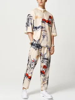 Traje de 2 piezas de media manga con bolsillo estampado
