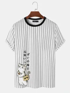 Striped Cat Cartoon Print T-shirts