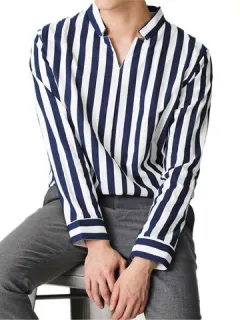 Striped V Neck Stand Collar Shirts