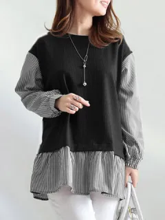 Blusa con cuello redondo y patchwork a rayas Cuello