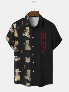 Japanese Warrior Cat Patchwork Shirts