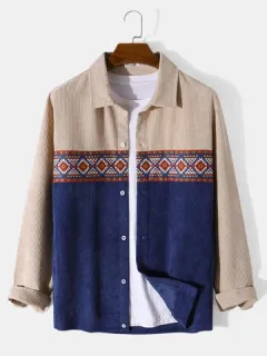 Patchwork corduroy shirts with geometric print