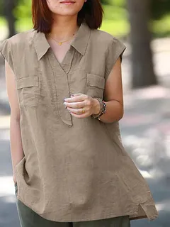 Blusa de manga casquillo con solapa sólida