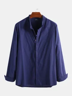 Ethnic cotton and linen shirt with stand collar