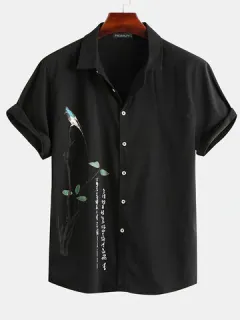 Lapel Bird Print Tree Shirt