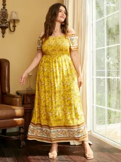 Talla grande Hombros descubiertos Ditsy Floral Vestido
