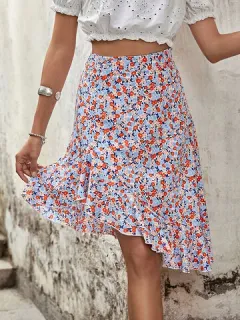 Falda con volantes irregulares y estampado floral