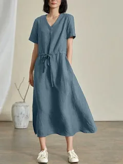 Cintura con cordón y cuello en V liso Vestido