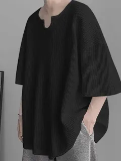 Waffle Knit T-shirt with Notched Neck