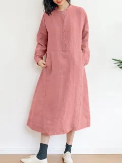 Algodón Liso Medio Botón Vestido