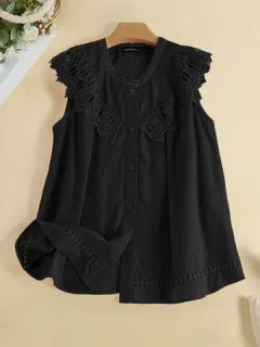 Camiseta sin mangas con botones en la parte delantera y empalme de encaje