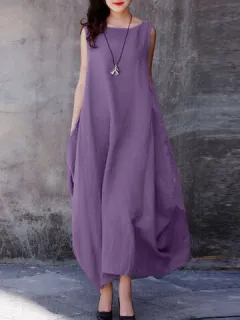 Bolsillo liso sin mangas vendimia Vestido