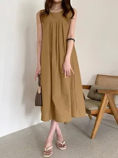 Bolsillo sin mangas plisado liso Vestido