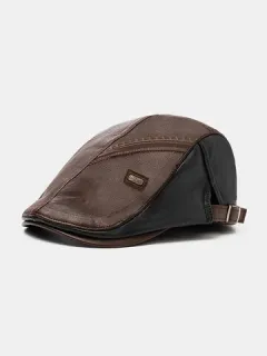 Collrown Men Faux Leather Retro Casual Stripe Pattern Beret Hat