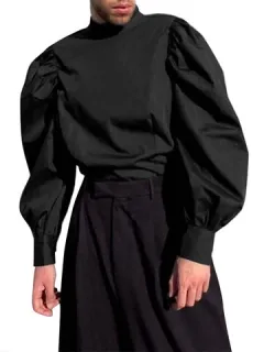 T-shirt with high neck and puff sleeves