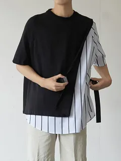Striped Patchwork Snap Buckle T-shirt