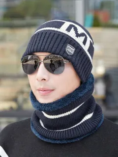 Men's Knitted Beanie Hat Scarf Velvet Warm Letter Hats
