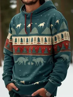 Christmas Elk and Tree Print Hoodies