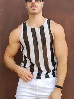 Sexy men see through striped vest