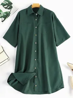 Bolsillo doble sólido Camisa Vestido