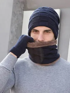 Men 2/3PCS Velvet Keep Warm Winter Knitted Hat Beanie