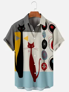 Colorblock shirts with geometric cat print