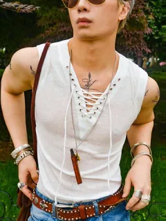 Men's V-neck Drawstring Lace-up Vest