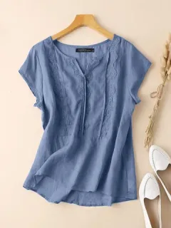 Blusa con muescas y empalme de encaje Cuello