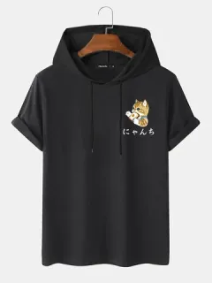 Hooded T-shirts with Japanese cat print