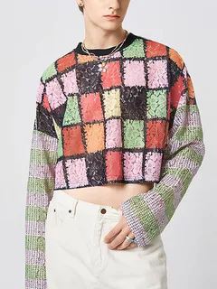 Windowpane Patrón Camiseta corta de encaje