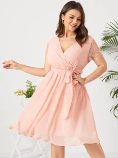Encaje Manga Corta Midi Vestido