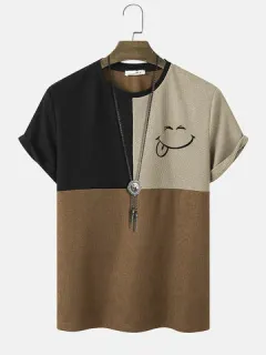 Smile Embroidered Color Block T-Shirts
