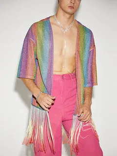 Brilho Men's Rainbow Stripe Print Fringed Cardigan