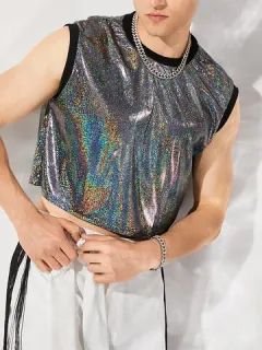 Men's Sparkly Sequins Round Neck Sleeveless Crop Top